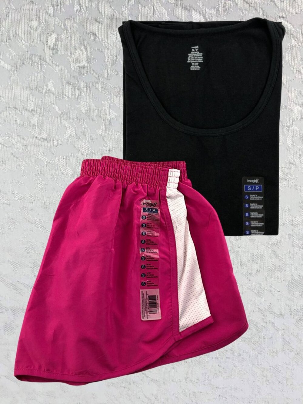 Imagin8 Activewear Set Black Cap Sleeve Tee & Pink Mesh Lined Shorts Size S NWT